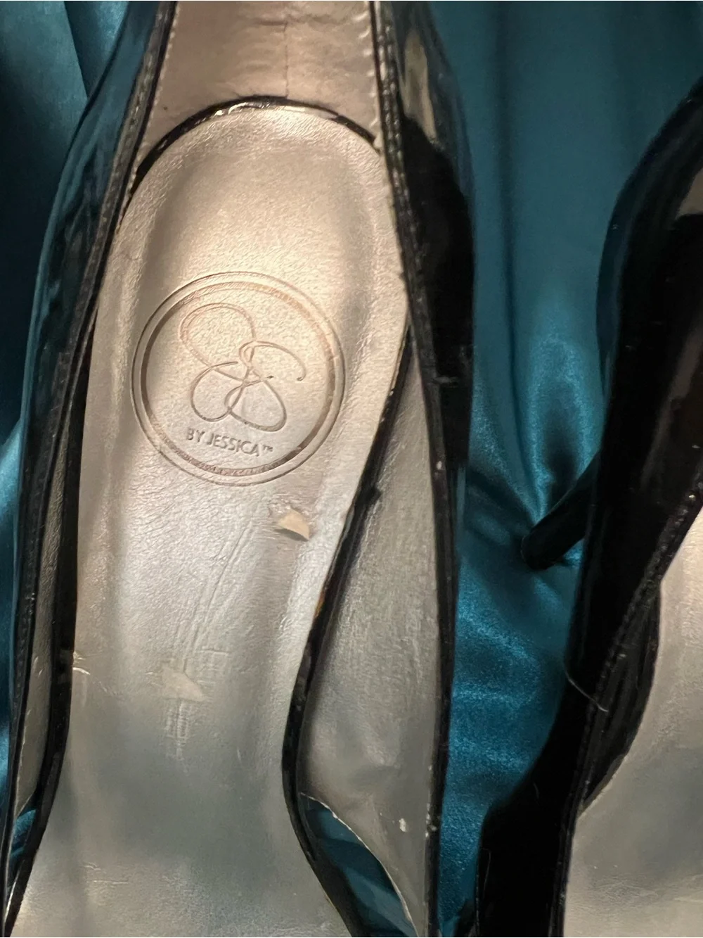 Jessica Simpson Black Patent Peep-Toe Heels with Blue Strap Details
